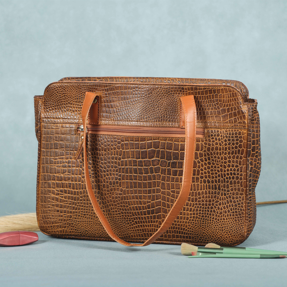 Premium Croc-Embossed Leather Tote Bag with Zip Compartments & Long Shoulder Straps