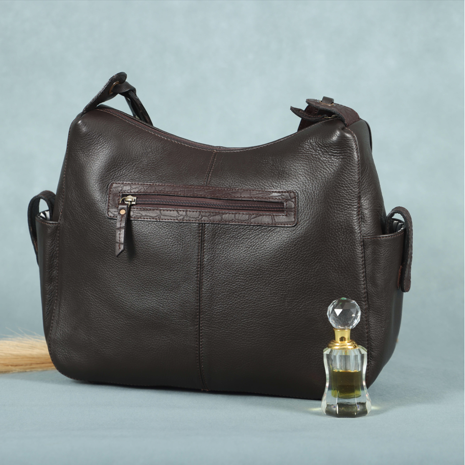 Premium Soft Leather Hobo Shoulder Bag with Zippered Pockets & Fixed Strap