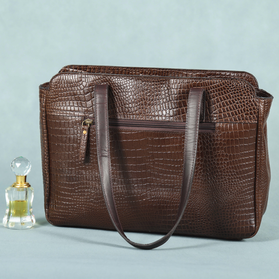 Premium Croc-Embossed Leather Tote Bag with Zip Compartments & Long Shoulder Straps