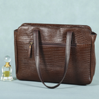 Premium Croc-Embossed Leather Tote Bag with Zip Compartments & Long Shoulder Straps