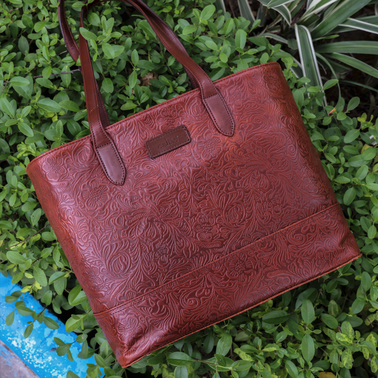 Premium Embossed Leather Tote Bag with Zipper Closure & Spacious Lined Interior