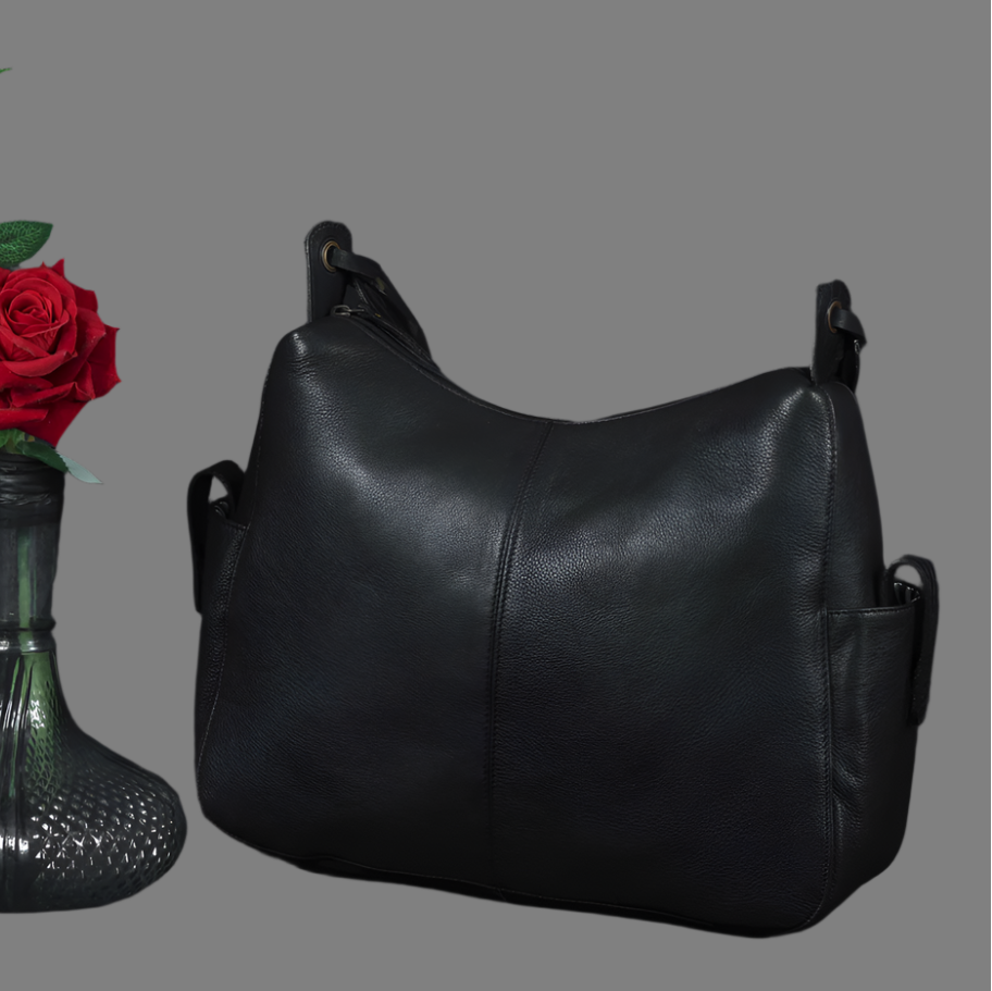 Premium Soft Leather Hobo Shoulder Bag with Zippered Pockets & Fixed Strap