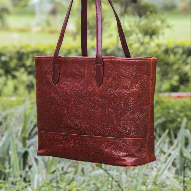 Premium Embossed Leather Tote Bag with Zipper Closure & Spacious Lined Interior