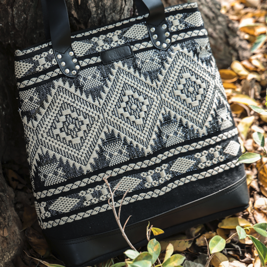 Premium Export Quality Black & White Jacquard Tote Bag With Spacious Zipper Compartments