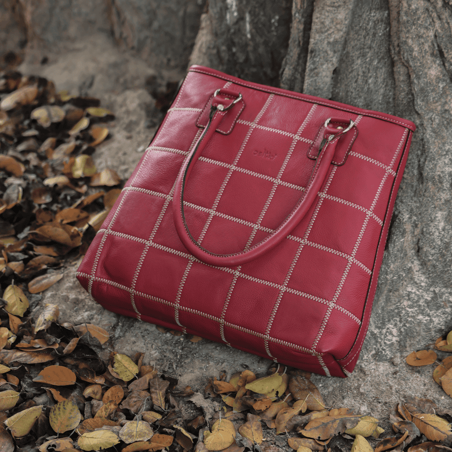 Genuine Leather Red Tote Bag with Check Stitch Design and Zip Closure