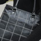Women Black Leather Tote Bag with Contrast Stitch Grid and Spacious Interior