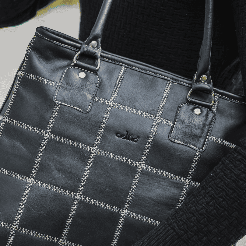 Women Black Leather Tote Bag with Contrast Stitch Grid and Spacious Interior