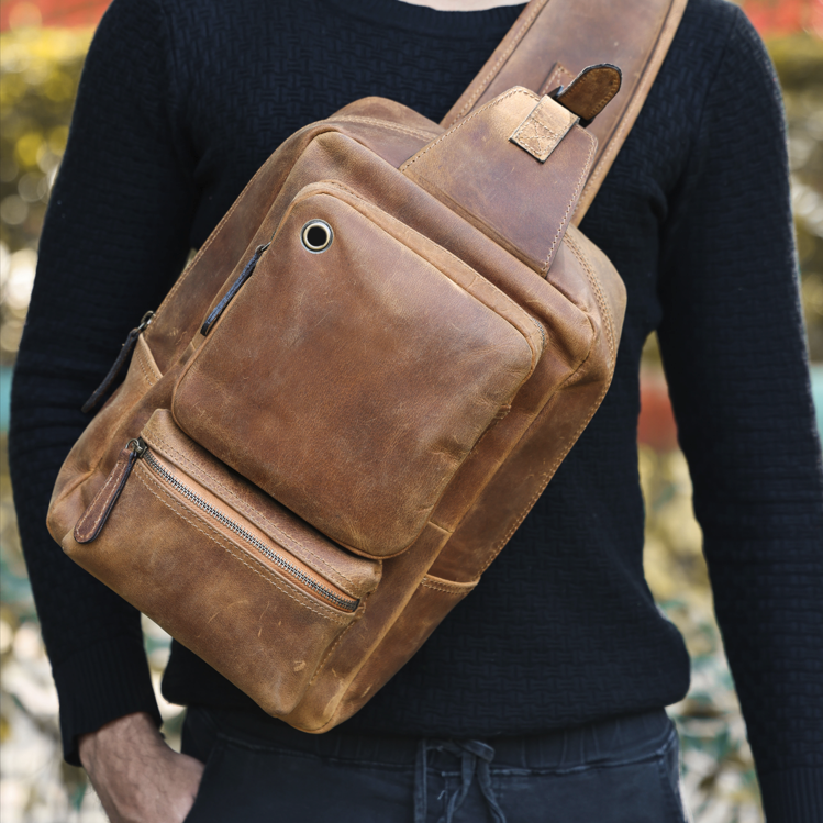 Premium Full Grain Leather Crossbody Bag with Multiple Zip Pockets & Fixed Strap