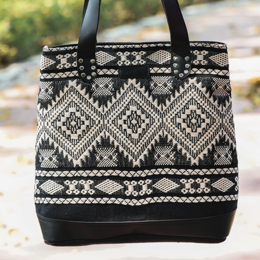 Premium Export Quality Black & White Jacquard Tote Bag With Spacious Zipper Compartments