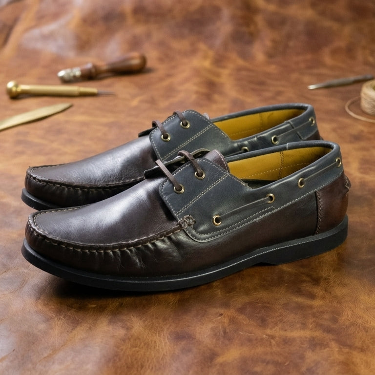 Laced Up Closure Genuine Leather Slip On Flat Stylish Retro Design Men Fashion Wear Shoes
