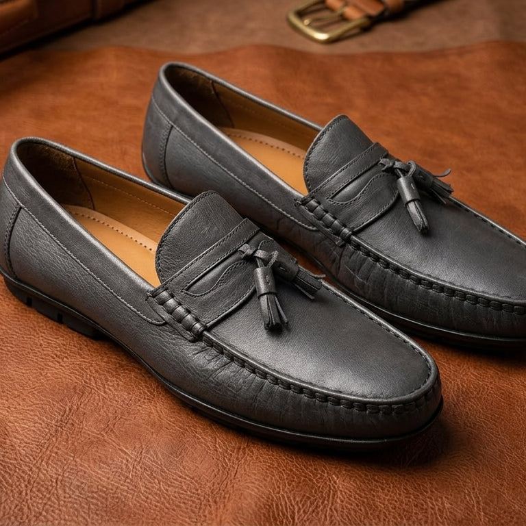 Men’s Tassel Mocc Genuine Tan Leather Loafers – Handstitched Slip-On Shoes with Cushioned Insole & Durable TPR Sole