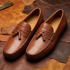 Men’s Tassel Mocc Genuine Tan Leather Loafers – Handstitched Slip-On Shoes with Cushioned Insole & Durable TPR Sole