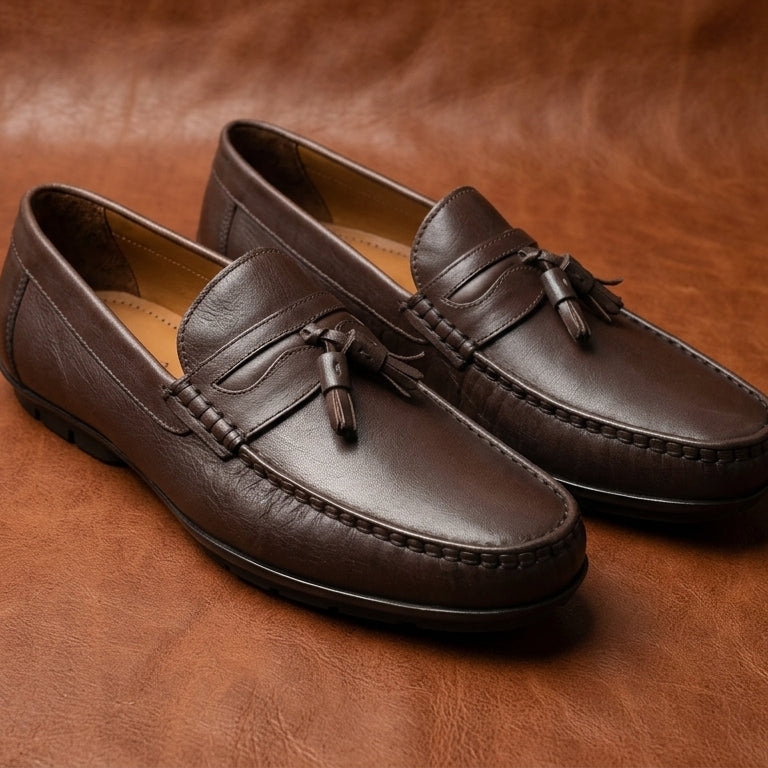 Men’s Tassel Mocc Genuine Tan Leather Loafers – Handstitched Slip-On Shoes with Cushioned Insole & Durable TPR Sole