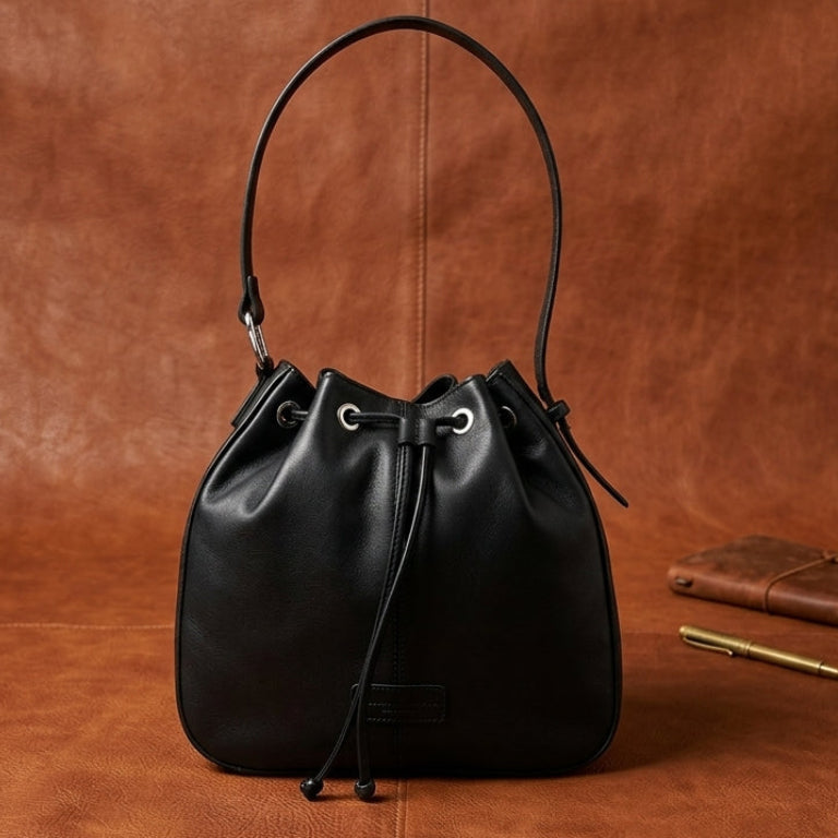 Genuine Leather Drawstring Shoulder Bag | Spacious Tote with Secure Closure
