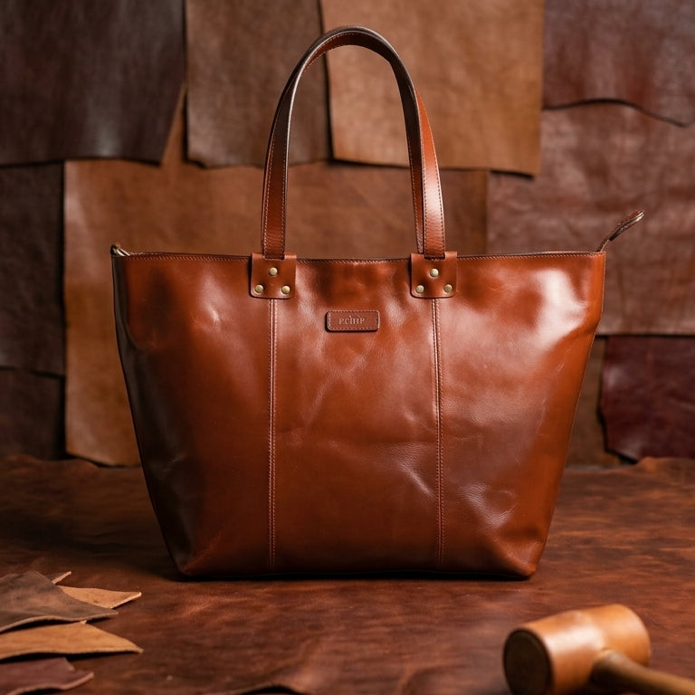 Premium Full Grain Leather Tote Bag with Zipper Closure & Dual Carry Handles