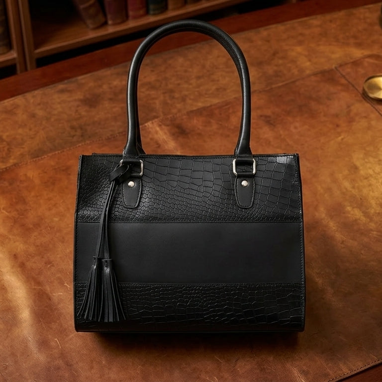 Premium Croc-Embossed Leather Tote with Dual Handles, Zip Closure & Detachable Strap