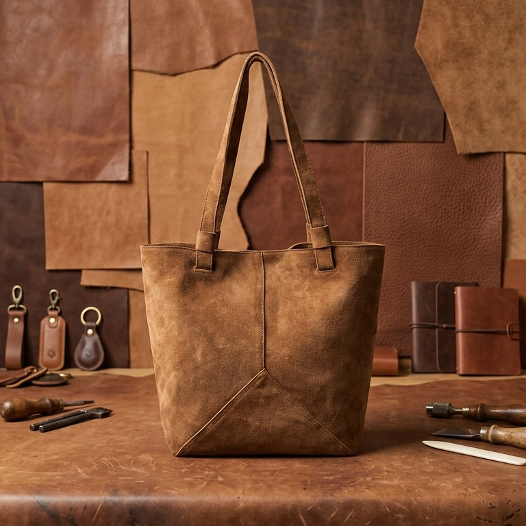 Premium Suede Leather Tote Bag with Shoulder Straps & Inner Zip Pocket – Export Quality