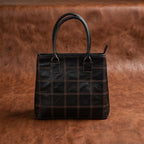 Premium Women Black Leather Tote Bag with Red Stitch Grid and Spacious Interior