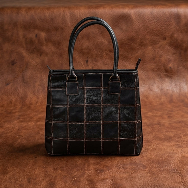 Premium Women Black Leather Tote Bag with Red Stitch Grid and Spacious Interior