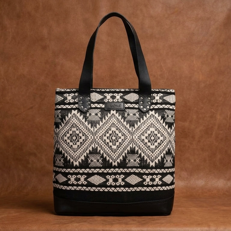 Premium Export Quality Black & White Jacquard Tote Bag With Spacious Zipper Compartments