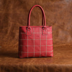 Genuine Leather Red Tote Bag with Check Stitch Design and Zip Closure