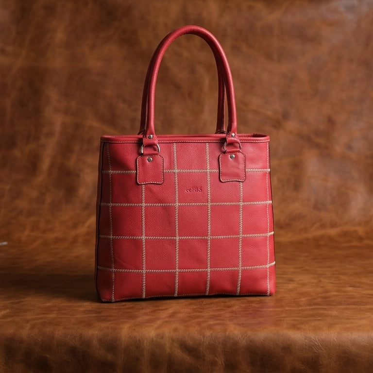 Genuine Leather Red Tote Bag with Check Stitch Design and Zip Closure