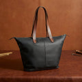 Genuine Leather Black Tote Bag with Minimal Design and Top Zip Closure