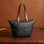 Genuine Leather Black Tote Bag with Minimal Design and Top Zip Closure
