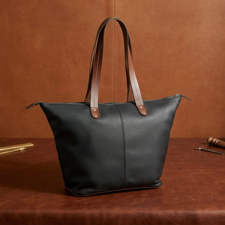 Genuine Leather Black Tote Bag with Minimal Design and Top Zip Closure
