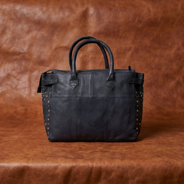 Genuine Leather Tote Bag Black with Top Zip Closure, Inner Zip Pocket & Dual Handles