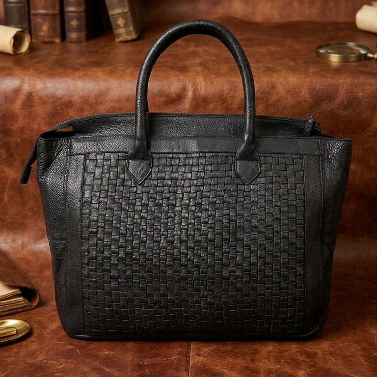 Genuine Leather Tote Bag Black with Woven Front, Zip Closure & Dual Carry Handles