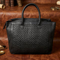 Genuine Leather Tote Bag Black with Woven Front, Zip Closure & Dual Carry Handles