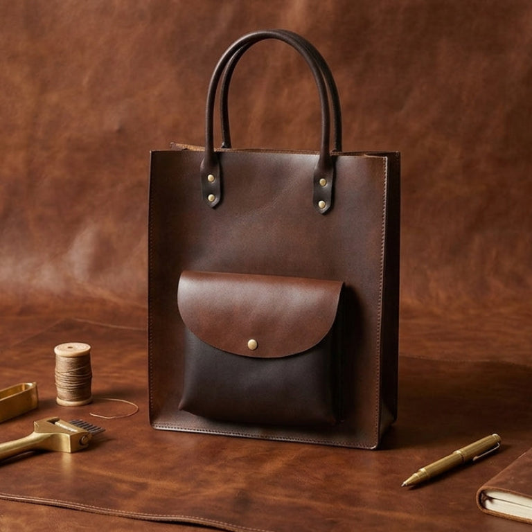 Structured Leather Shopper Tote Bag with Front Pocket and Dual Handles
