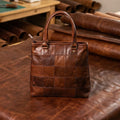 Genuine Leather Brown Tote Bag with Patchwork Design and Top Zip Closure