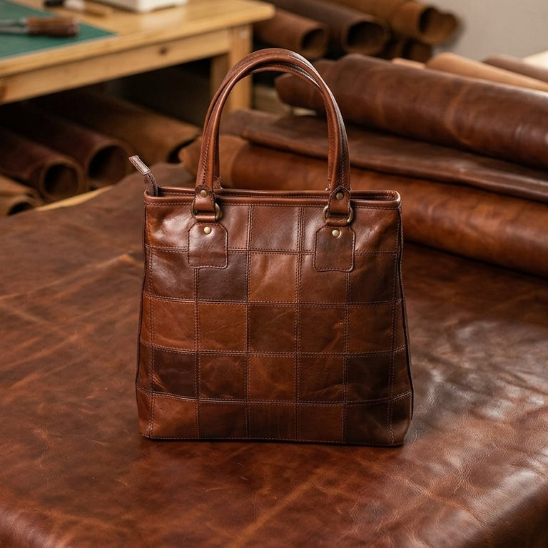 Genuine Leather Brown Tote Bag with Patchwork Design and Top Zip Closure