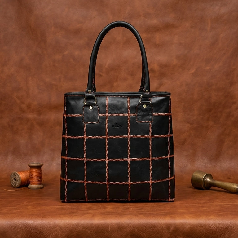 Women's Black Leather Tote Bag with Orange Stitch Grid and Spacious Interior