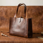 Full-Grain Leather Structured Shopper Tote with Dual Compartments & Snap Closure