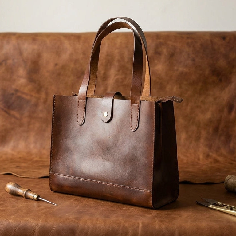 Full-Grain Leather Structured Shopper Tote with Dual Compartments & Snap Closure