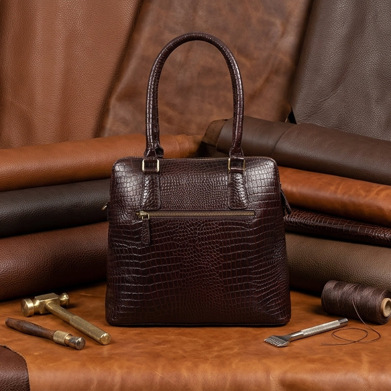Premium Croc-Embossed Leather Tote Bag with Zip Closure & Detachable Shoulder Strap
