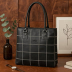 Women Black Leather Tote Bag with Contrast Stitch Grid and Spacious Interior