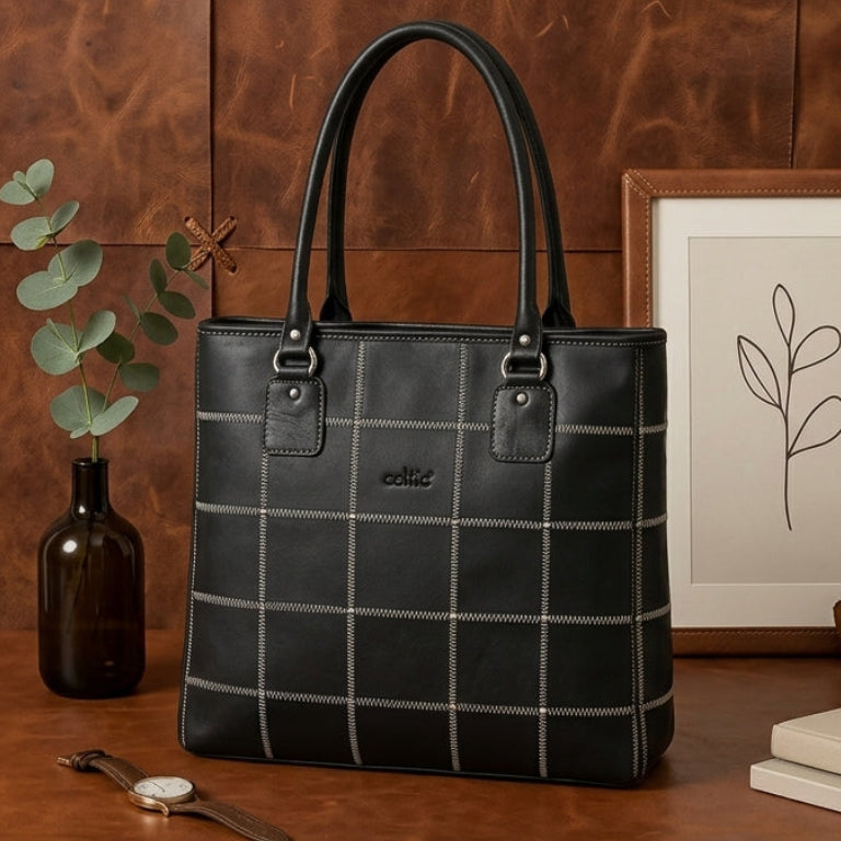 Women Black Leather Tote Bag with Contrast Stitch Grid and Spacious Interior