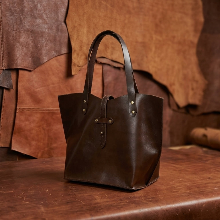 Premium Full-Grain Leather Tote Bag with Riveted Handles and Spacious Interior Pocket