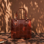 Genuine Leather Brown Tote Bag with Check Panel Design and Top Zip Closure