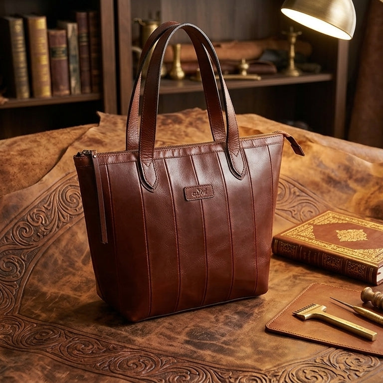 Premium Genuine Leather Tote Bag for Women | Inner Zip Pocket