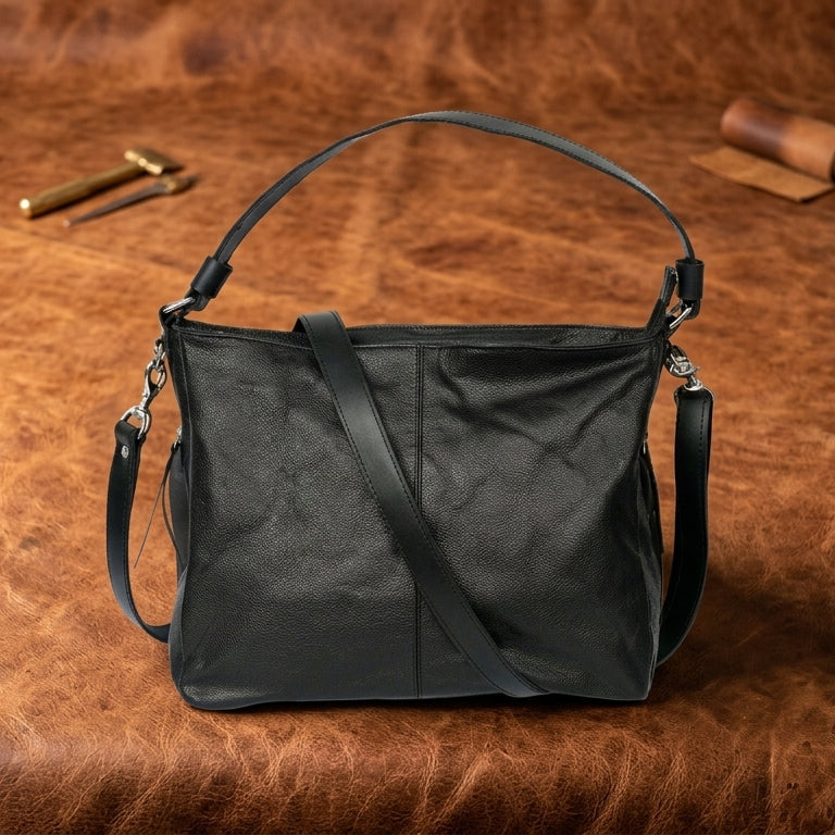 Premium Genuine Leather Black Shoulde tote Bag with Minimal Silhouette and Zip Closure