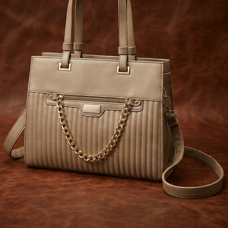 Taupe Quilted Chain Accent Structured Tote Bag