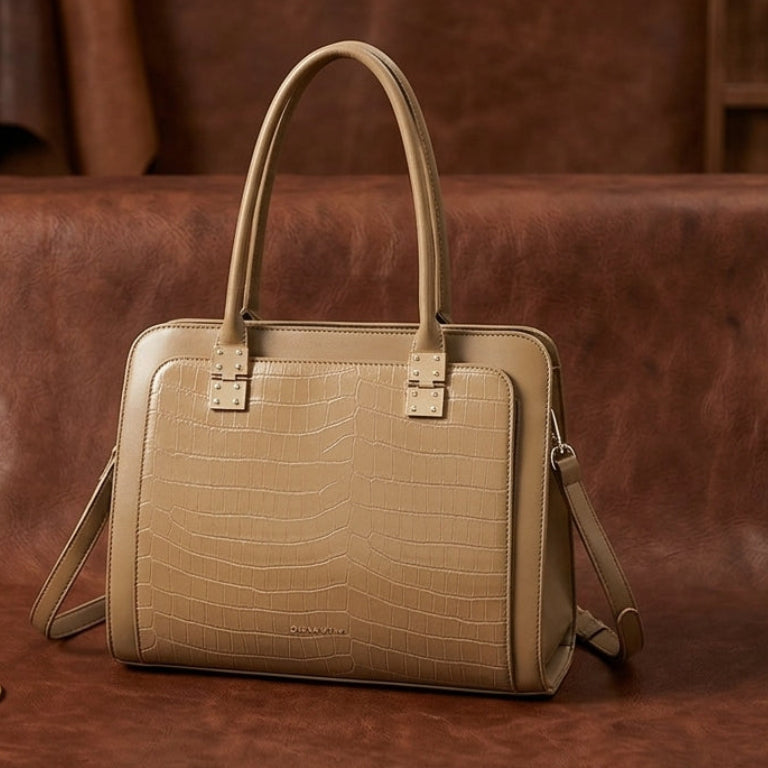Tan Croc-Texture Structured Shoulder tote Bag