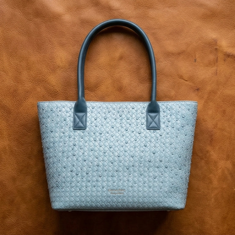 Sky Blue Textured Woven Structured Tote Bag