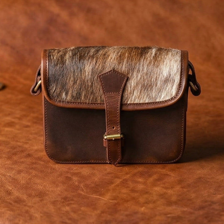 Womens Leather Sling Bag with Brown Hairon Flap Small Crossbody Satchel