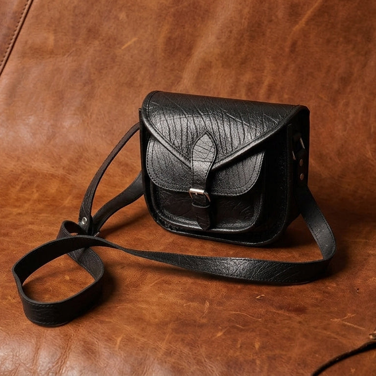 Black Wrinkle-Texture Leather Sling bag with Front Pocket & Adjustable Strap